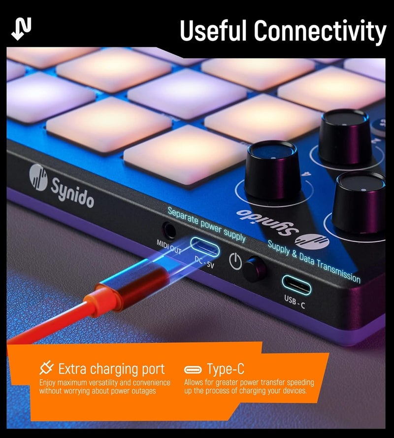 Synido TempoPAD MIDI Drum Controller, 16 RGB Backlit Beat Pads, 4 Assignable Knobs, USB Portable Music Production, Black - Image 4